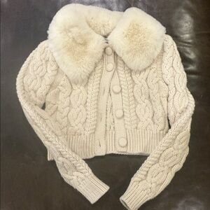 Zara Cream cable knit cardigan with faux fur collar - Ecru - 3653/111/712